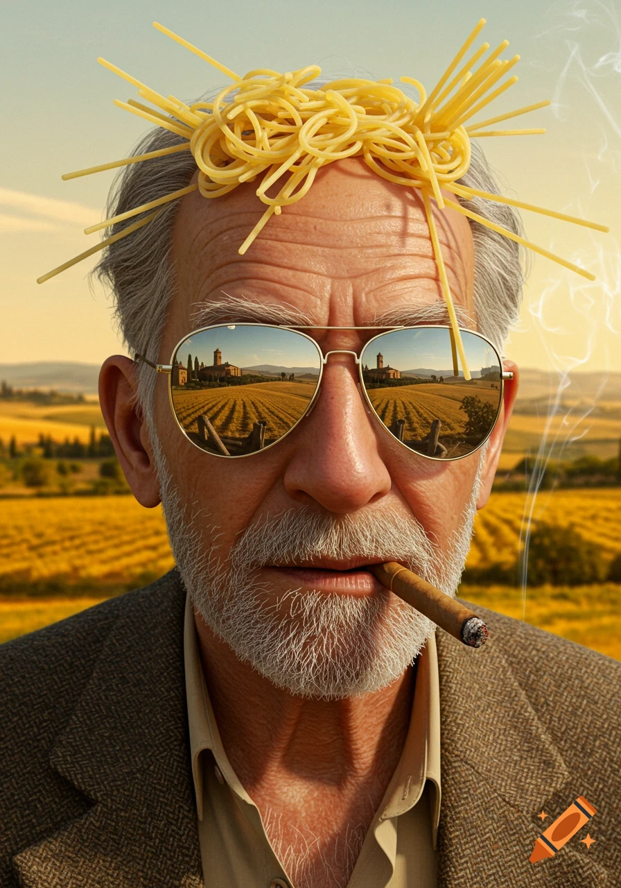 Photorealistic portrait of an old man with spaghetti hair, aviator sunglasses reflecting an Italian landscape, smoking a cigar.