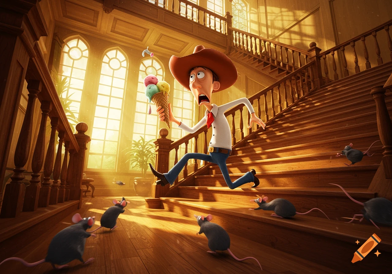 A cartoon man in a cowboy hat, holding melting ice cream, runs in terror down a grand wooden staircase as rats scatter, in a Pixar animation style.