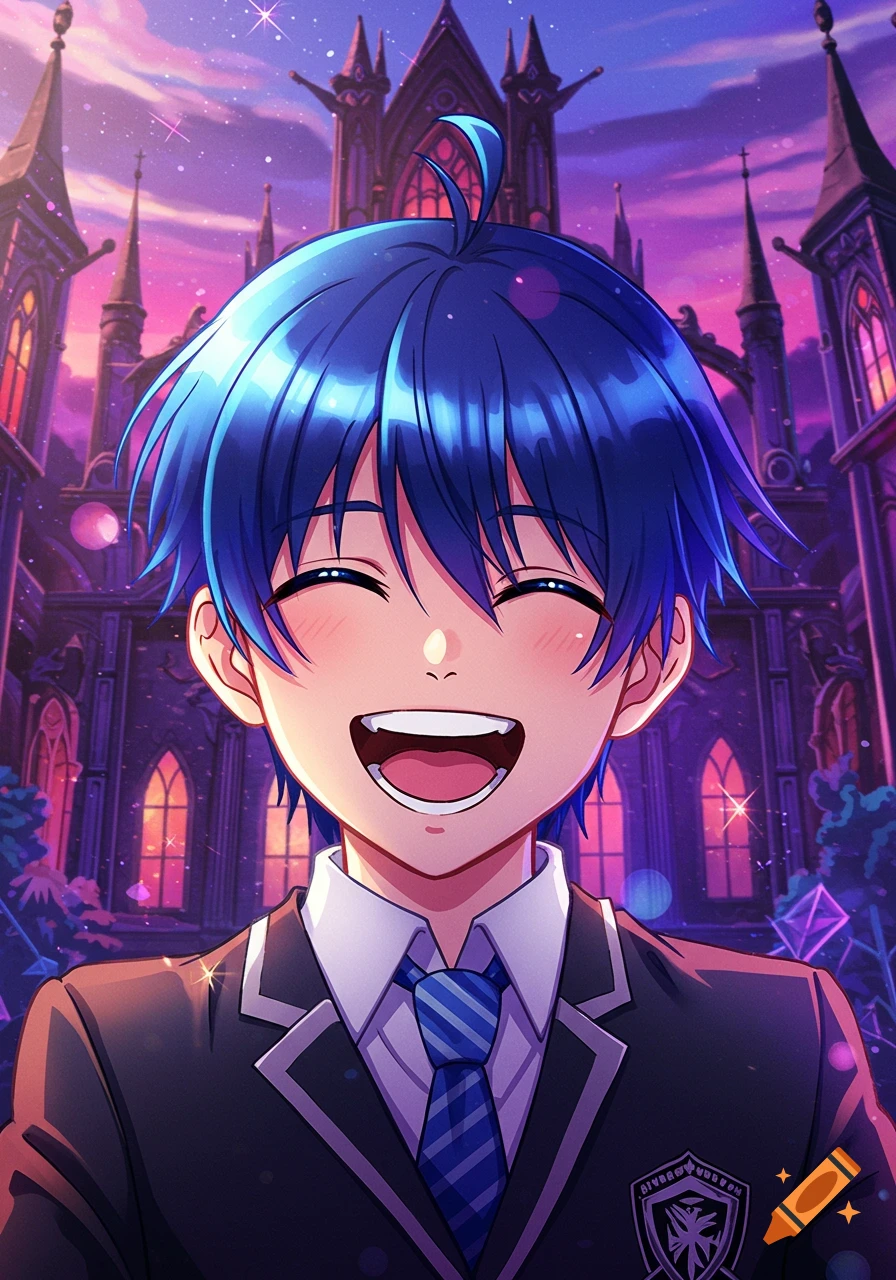 A happy anime boy with blue hair in a school uniform smiles brightly in front of a magical gothic castle at sunset.
