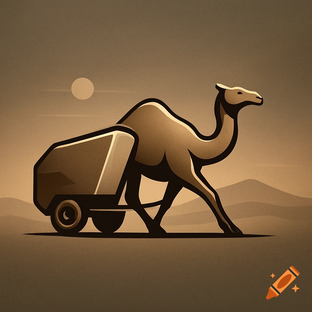 Stylized logo of a camel pulling a trailer across a desert landscape under a sun.