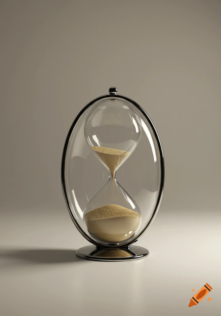 A photorealistic hourglass with sand flowing through it, centered on a neutral background.