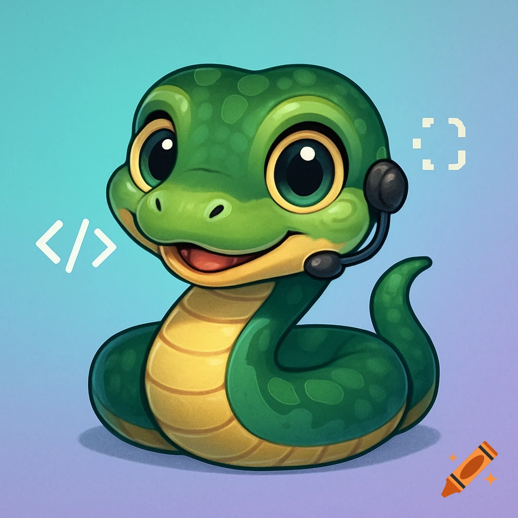 A cute green cartoon snake wearing a headset, with programming symbols in the background, on a teal and purple gradient.