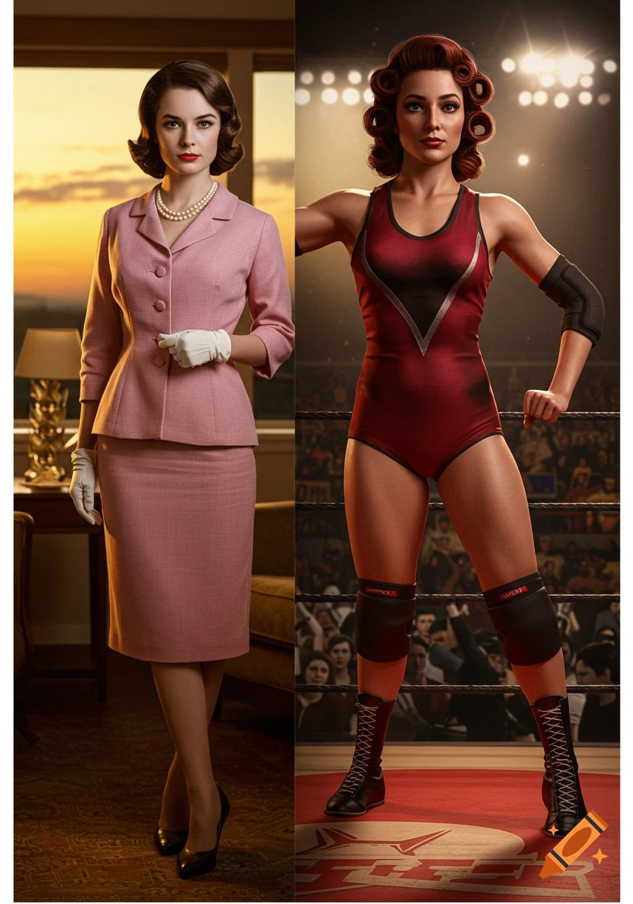 A split image showing a woman's transformation. On the left, she is an elegant 1950s woman in a pink suit and white gloves. On the right, she is a powerful 1950s pro wrestler in a red leotard.