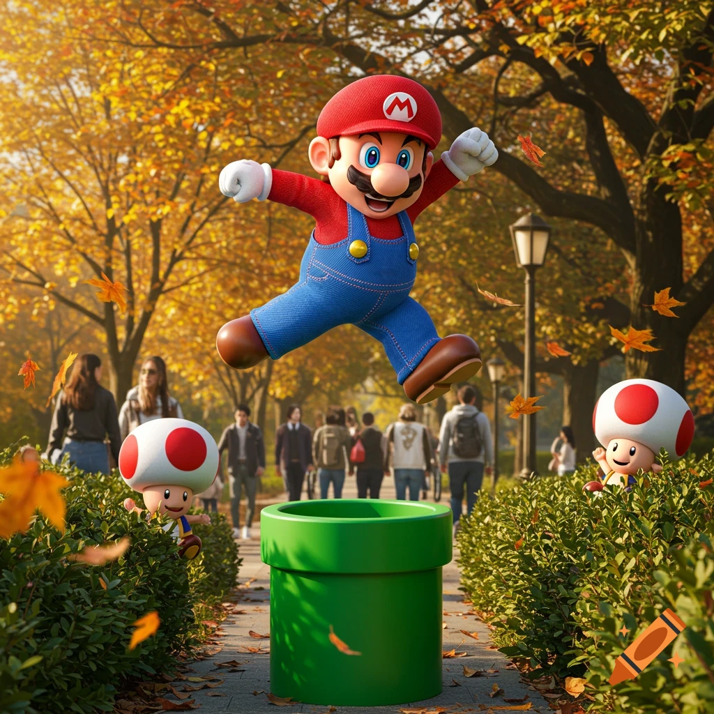 Photorealistic image of Mario jumping over a green pipe in an autumn park with falling leaves and Toads among bushes.