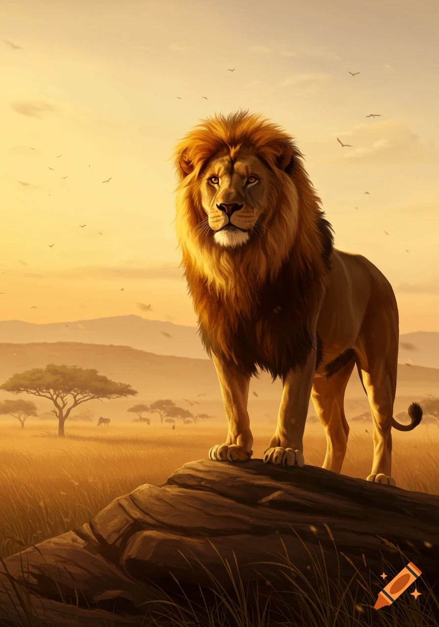 A majestic lion with a flowing mane stands atop a rock in a golden African savanna at sunset.