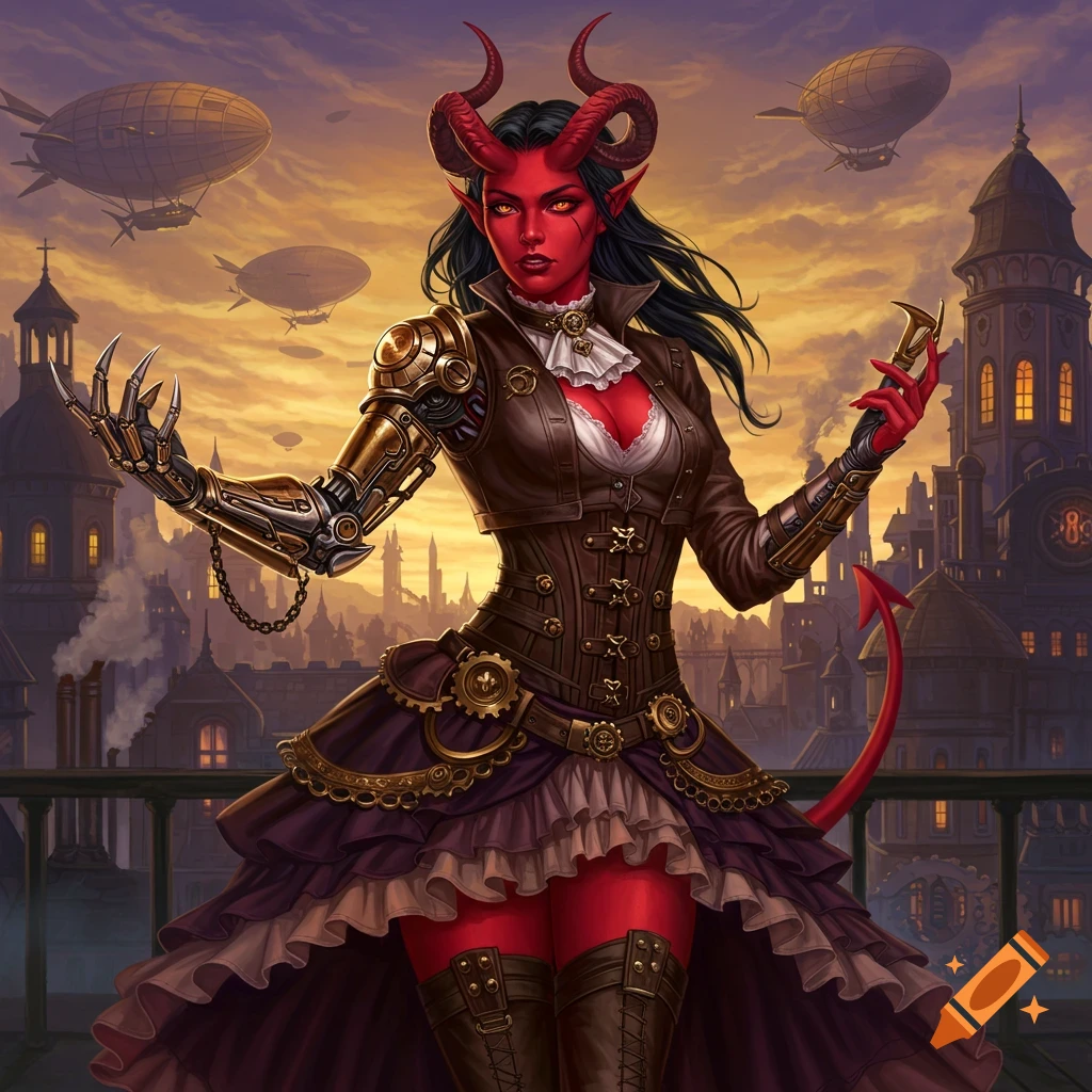 Red-skinned tiefling woman in steampunk attire with a cyborg arm, standing on a balcony overlooking a steampunk city with airships at sunset.
