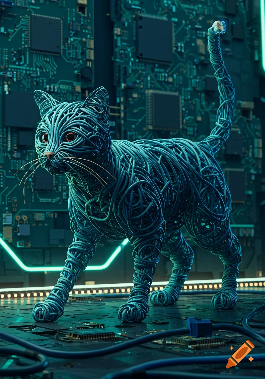 A cat figure intricately formed from blue network cables stands on a dark circuit board with glowing teal accents.