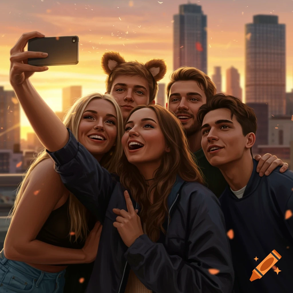 Five young friends happily take a photorealistic selfie on a rooftop overlooking a city skyline at sunset.