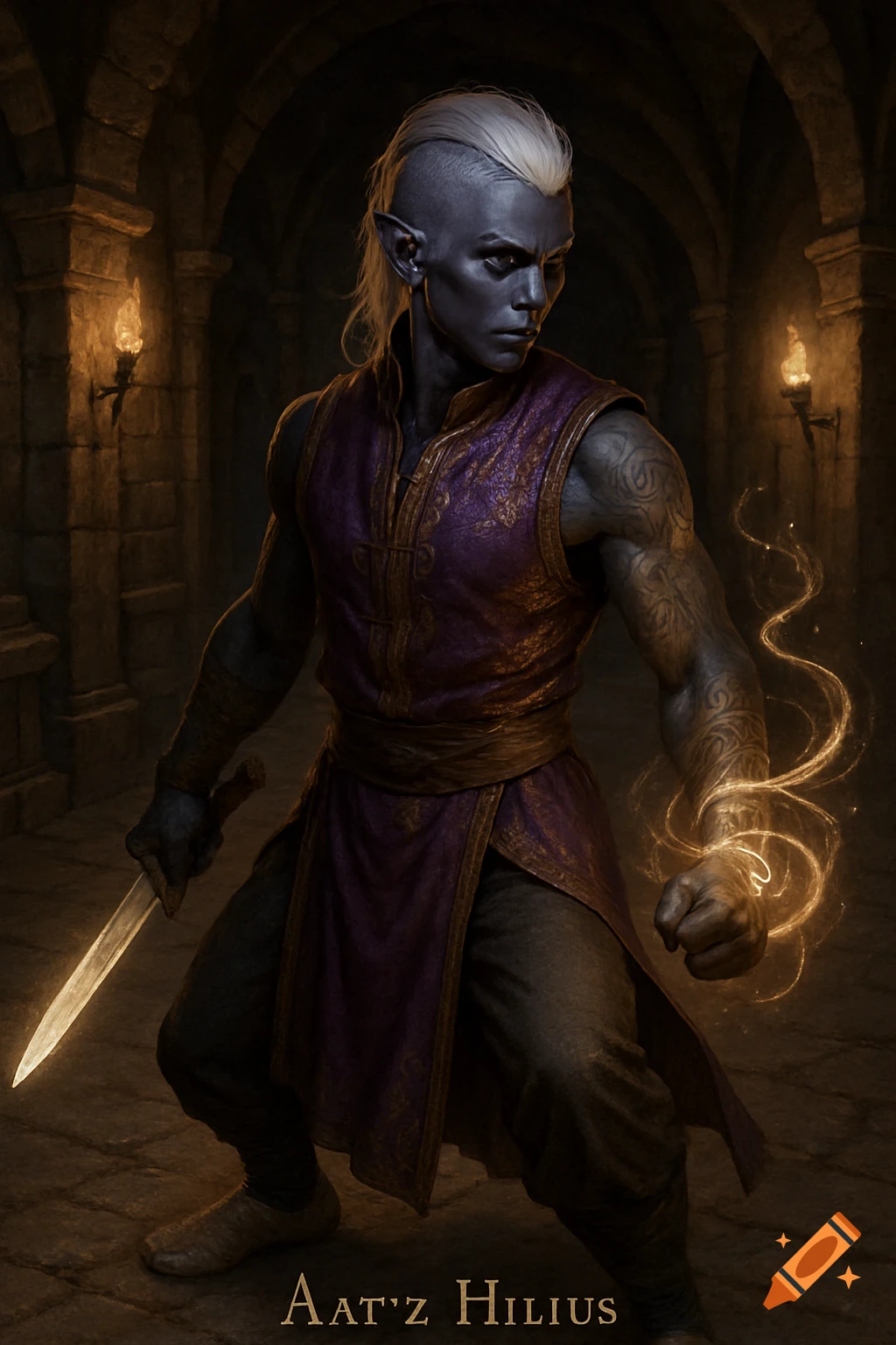 A Drow monk in a purple tunic, holding a glowing sword, radiates magic from his fist in a dark crypt.