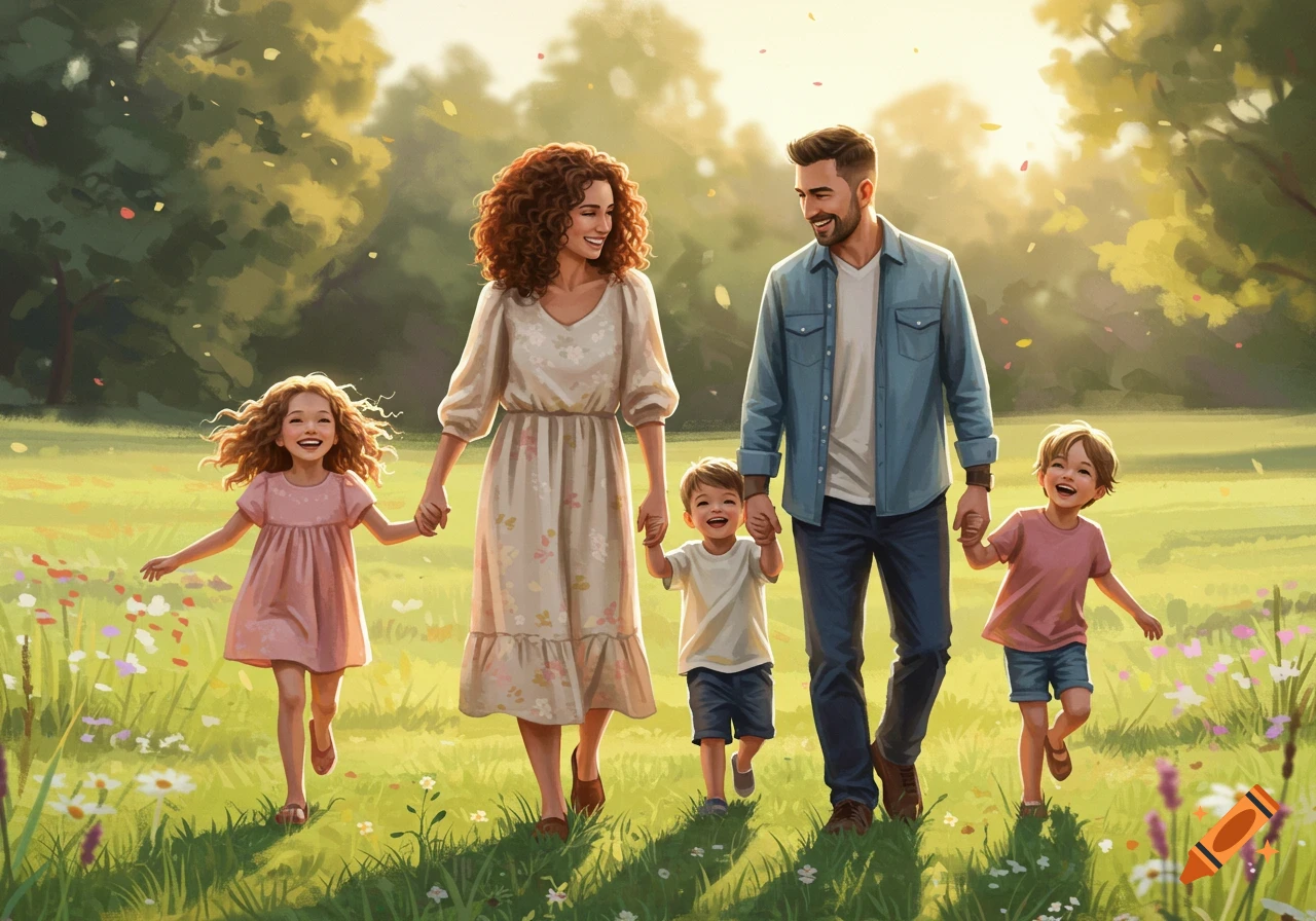 A happy family of a mother, father, and three young children walking hand-in-hand through a sunlit, grassy park with wildflowers, in a painterly illustration style.