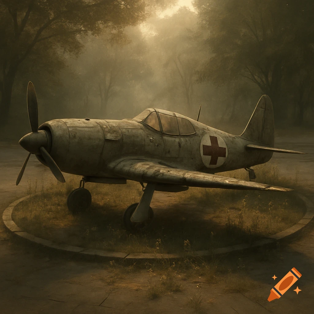 A weathered 1940s military airplane with a red cross emblem in a misty, overgrown clearing.