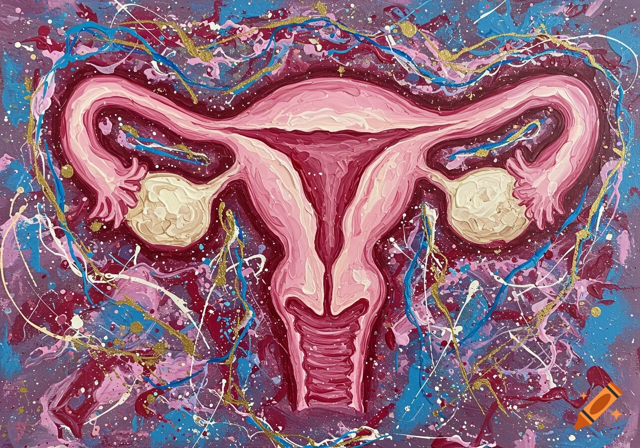 Vibrant abstract painting of the female reproductive system in a Jackson Pollock-inspired splatter art style with pinks, blues, purples, and gold.