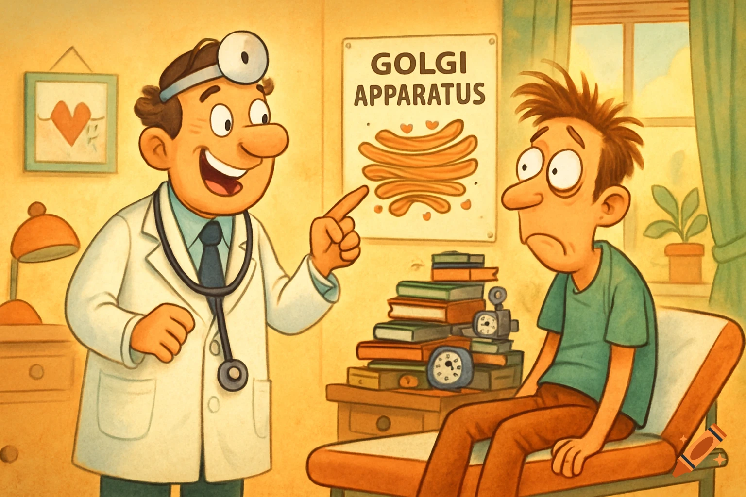 A cartoon doctor points to a 'Golgi Apparatus' poster while a sad patient sits on an exam table in a doctor's office.
