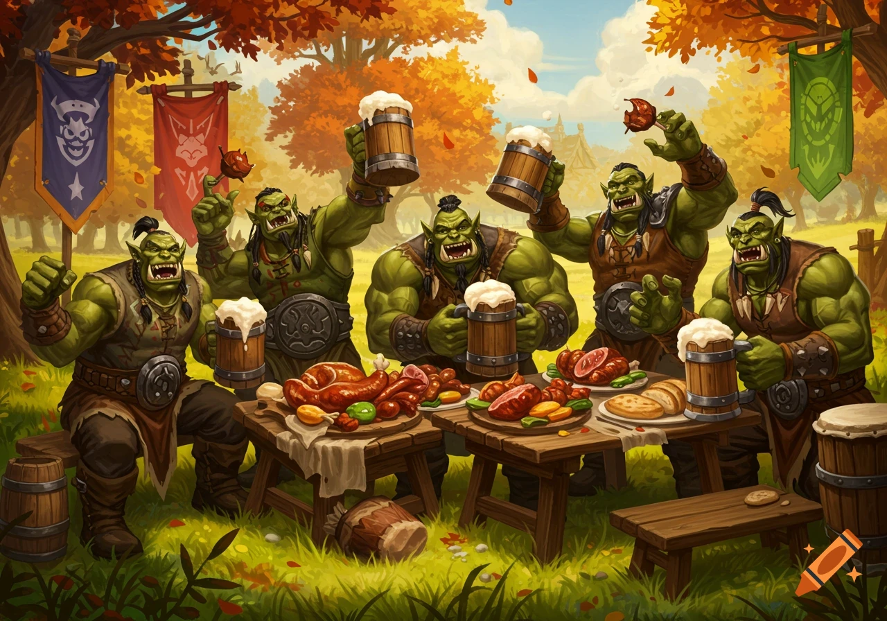 A group of muscular orcs cheers, raising tankards and feasting at wooden tables under autumn trees with colorful banners, cartoon style.