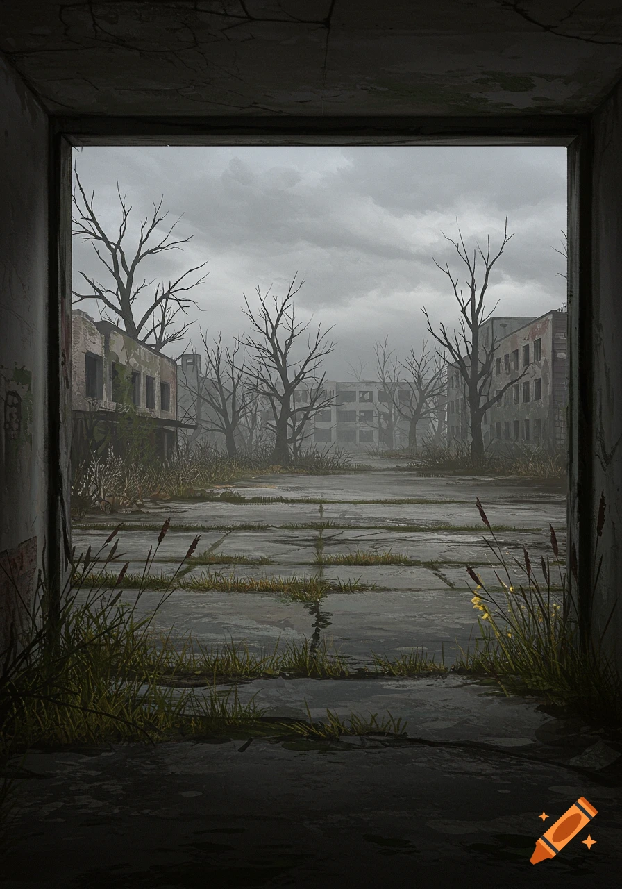 A bleak, post-apocalyptic scene viewed through a dark frame, showing abandoned buildings, bare trees, and wet ground under a cloudy sky.