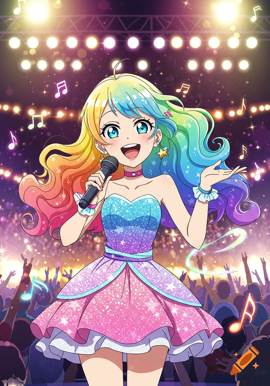 An anime girl with vibrant rainbow hair and a sparkly rainbow dress sings into a microphone on a brightly lit stage.