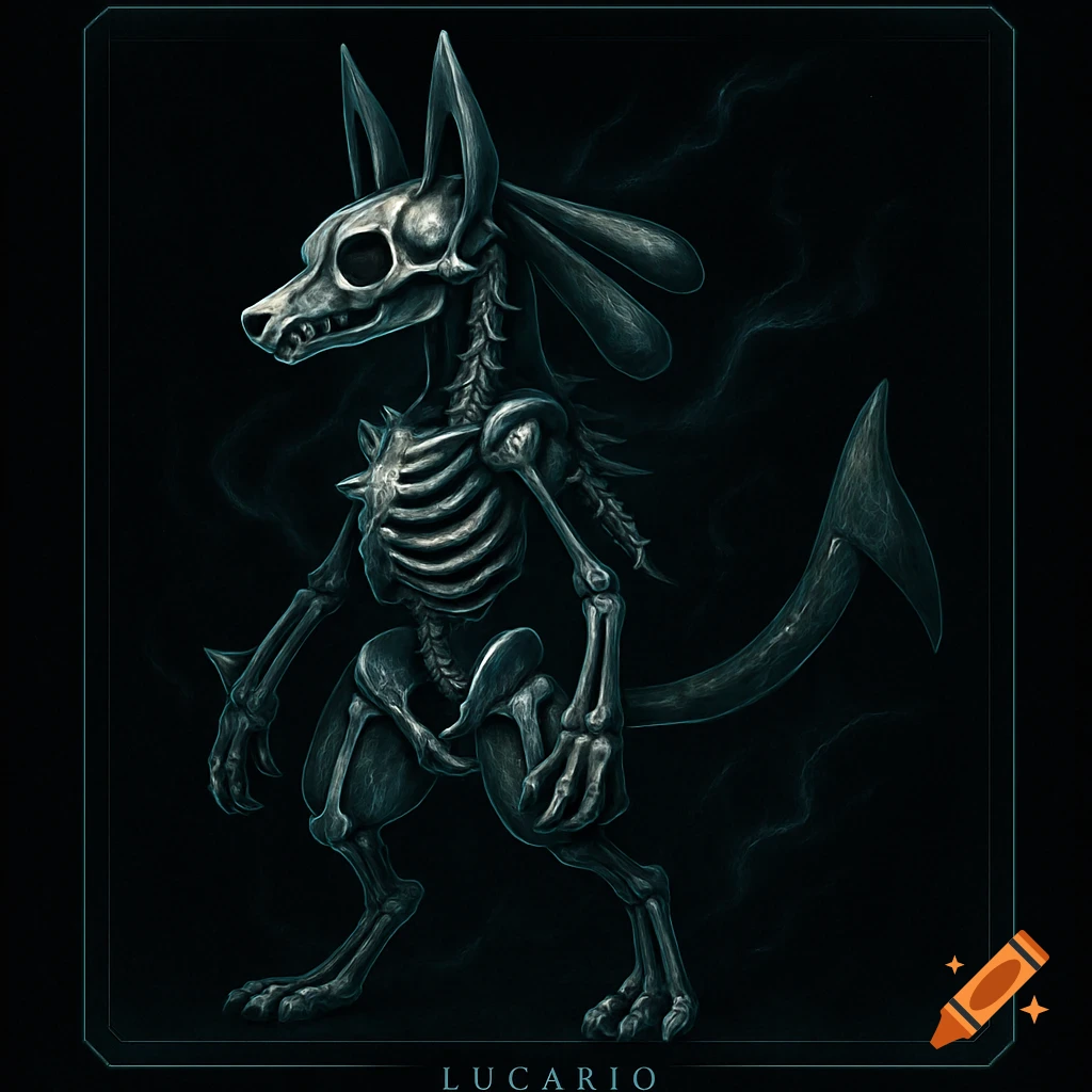 Stylized dark art of a glowing blue skeletal Lucario against a black background.