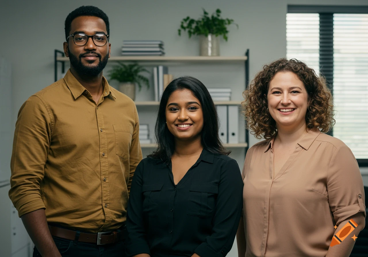 Three diverse professionals, two women and one man, smiling in an office setting. Photorealistic.