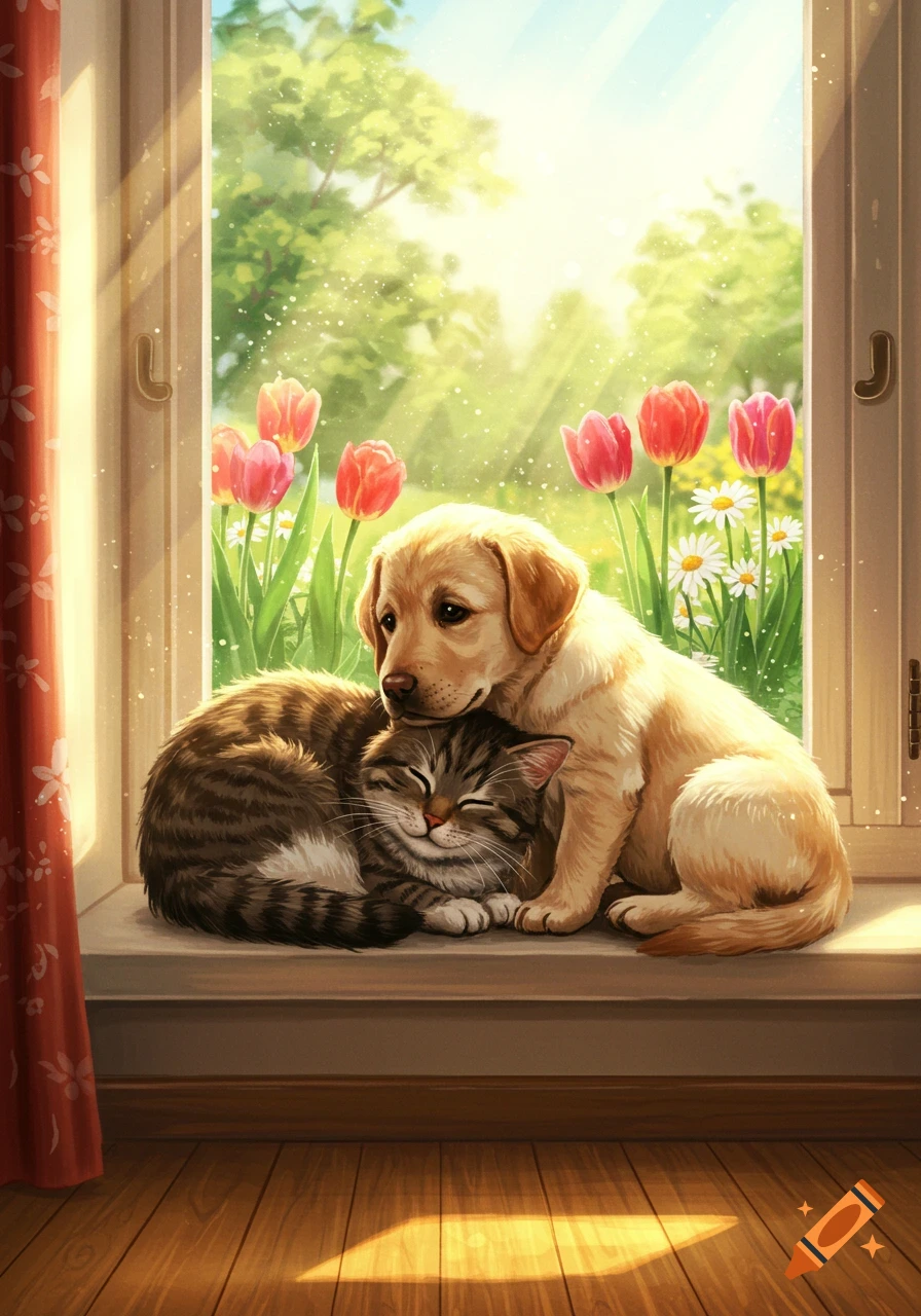 A golden puppy and a tabby cat cuddle on a sunlit window sill, with pink tulips and daisies outside.