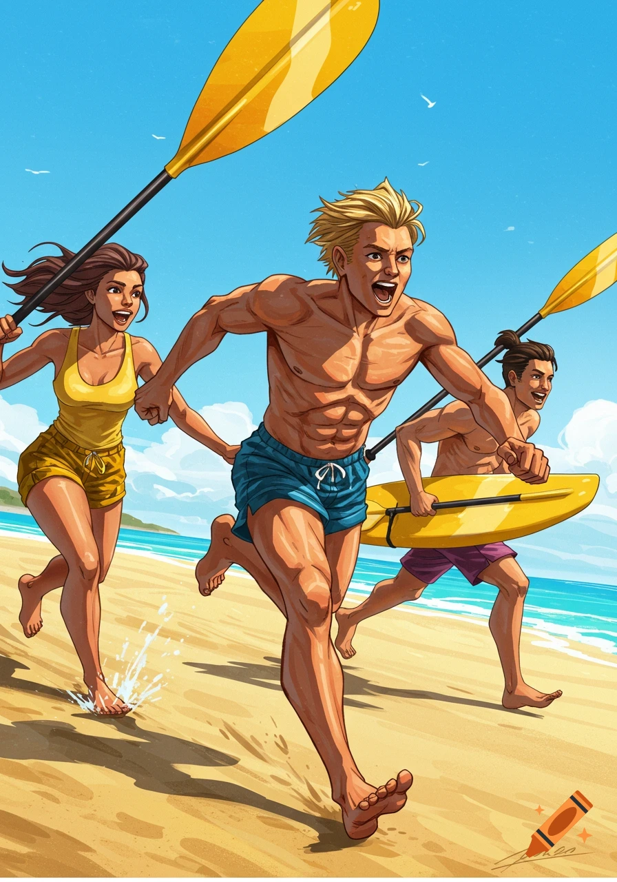 Three cartoon-style people, two men and one woman, running barefoot on a sunny beach, holding paddles and a surfboard.