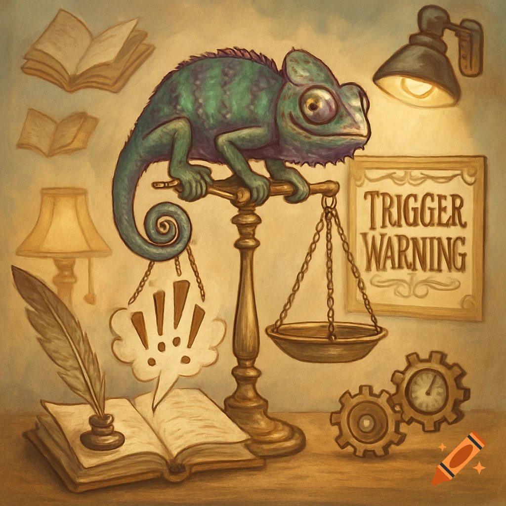 An illustrated chameleon on a weighing scale, with an open book, gears, and a "TRIGGER WARNING" sign in a sepia-toned room.