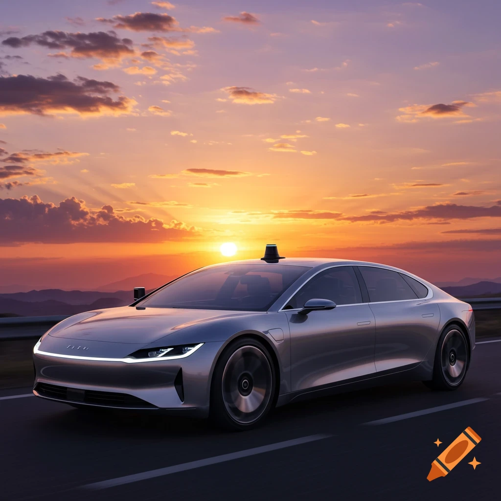A sleek silver autonomous car drives on a highway against a vibrant sunset over mountains.