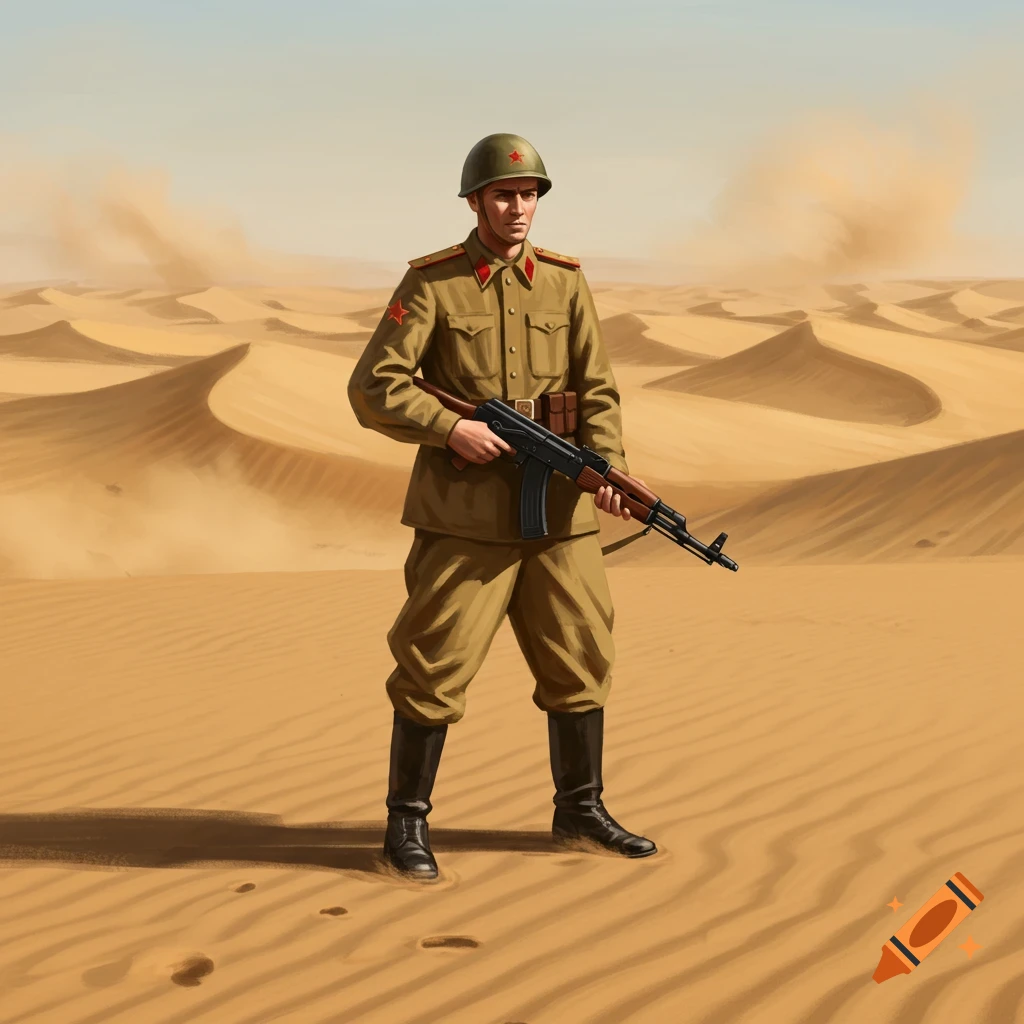 An illustrative depiction of a Soviet soldier in a khaki uniform and black boots, holding an AK rifle, standing in a desert.