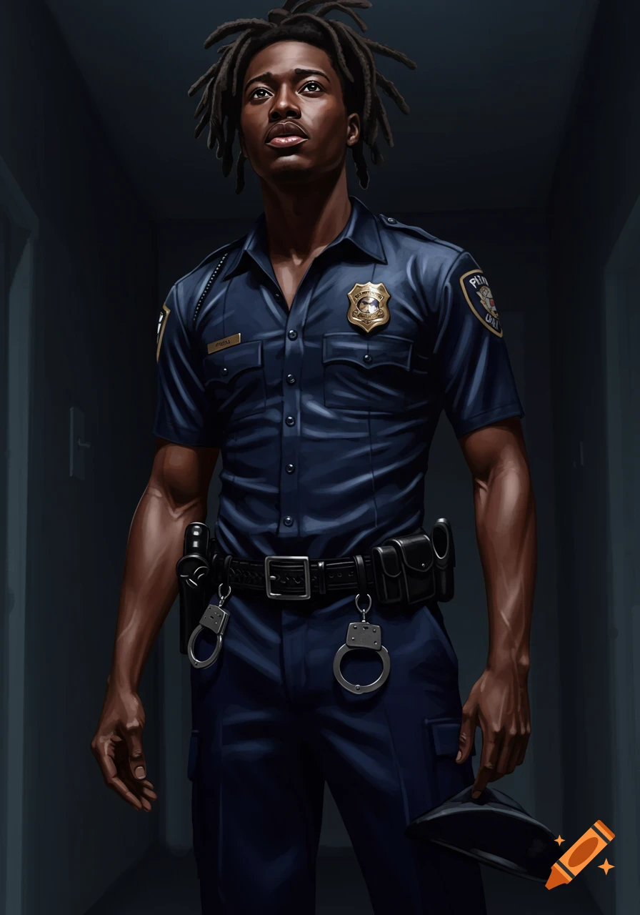 A semi-realistic digital painting of a Black man with dreadlocks in a blue police uniform, standing in a dimly lit hallway.