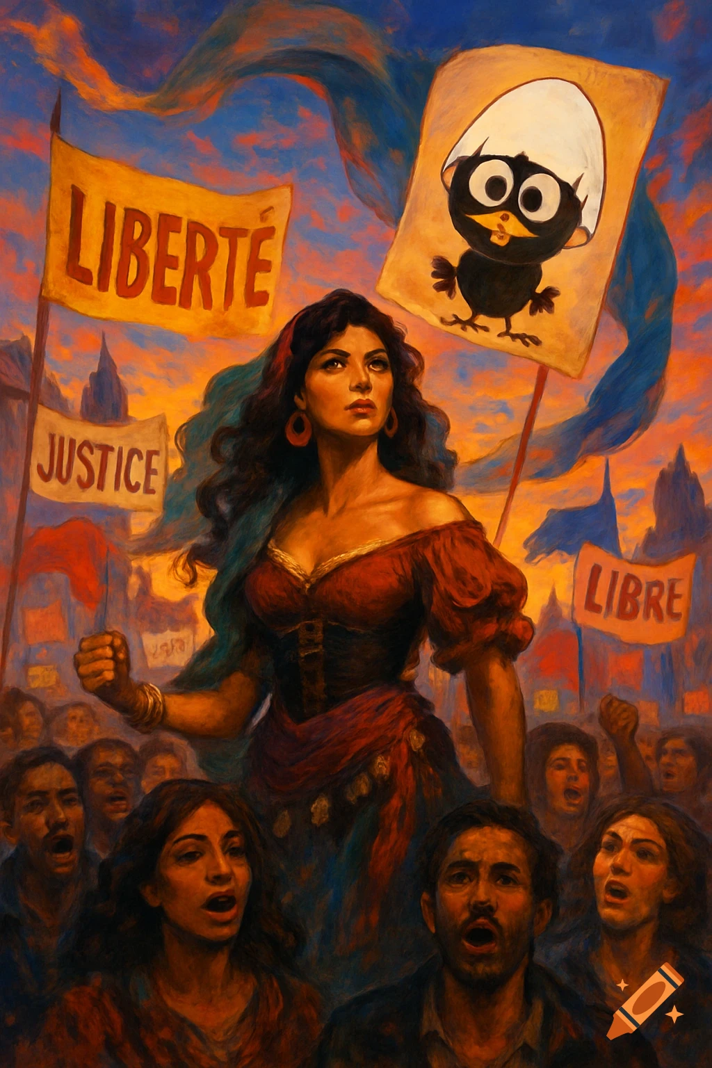 A painted scene of a woman, resembling Esmeralda, leading a passionate protest crowd with banners. One banner reads 'LIBERTE', another 'JUSTICE', and one features a cartoon chick in an eggshell.