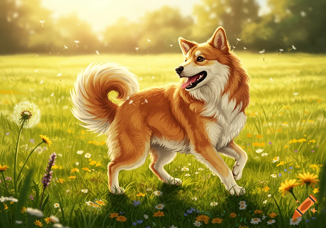 A happy orange and white dog runs through a sunny green field with dandelions and wildflowers, vibrant illustration.