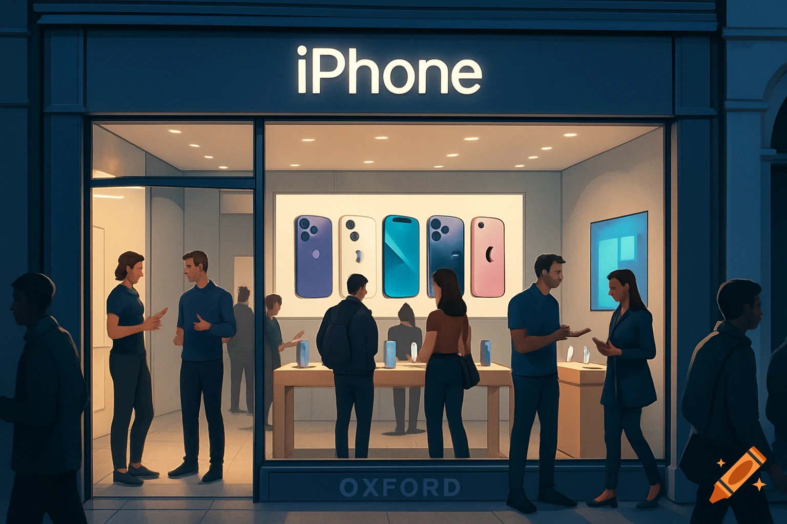 An evening view of an iPhone store in Oxford with people inside and outside, a large "iPhone" sign above the window, and various phone models displayed.