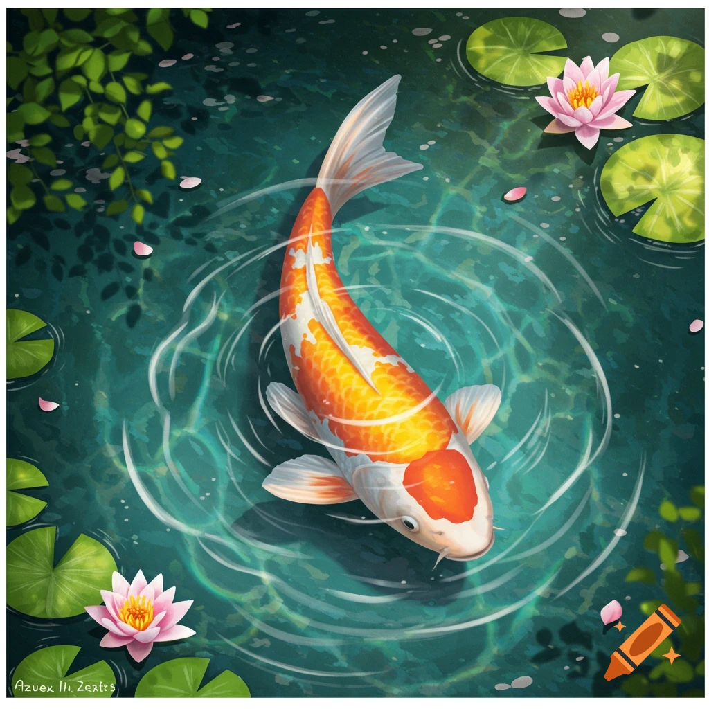 An orange and white koi fish swims in a teal pond with green lily pads and pink lotus flowers, illustration.