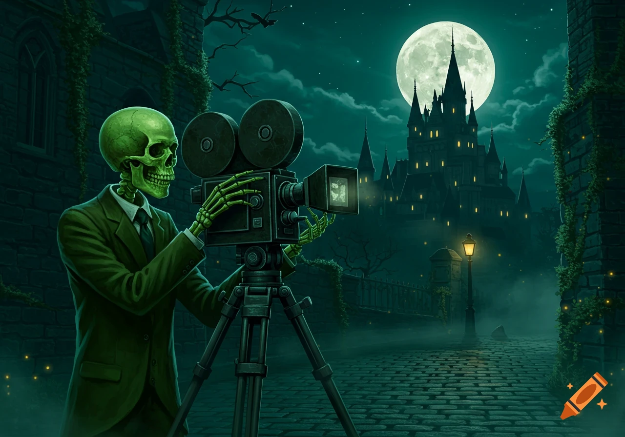A greenish skeleton in a suit films with an old movie camera on a tripod at night, with a spooky castle under a full moon in the background.