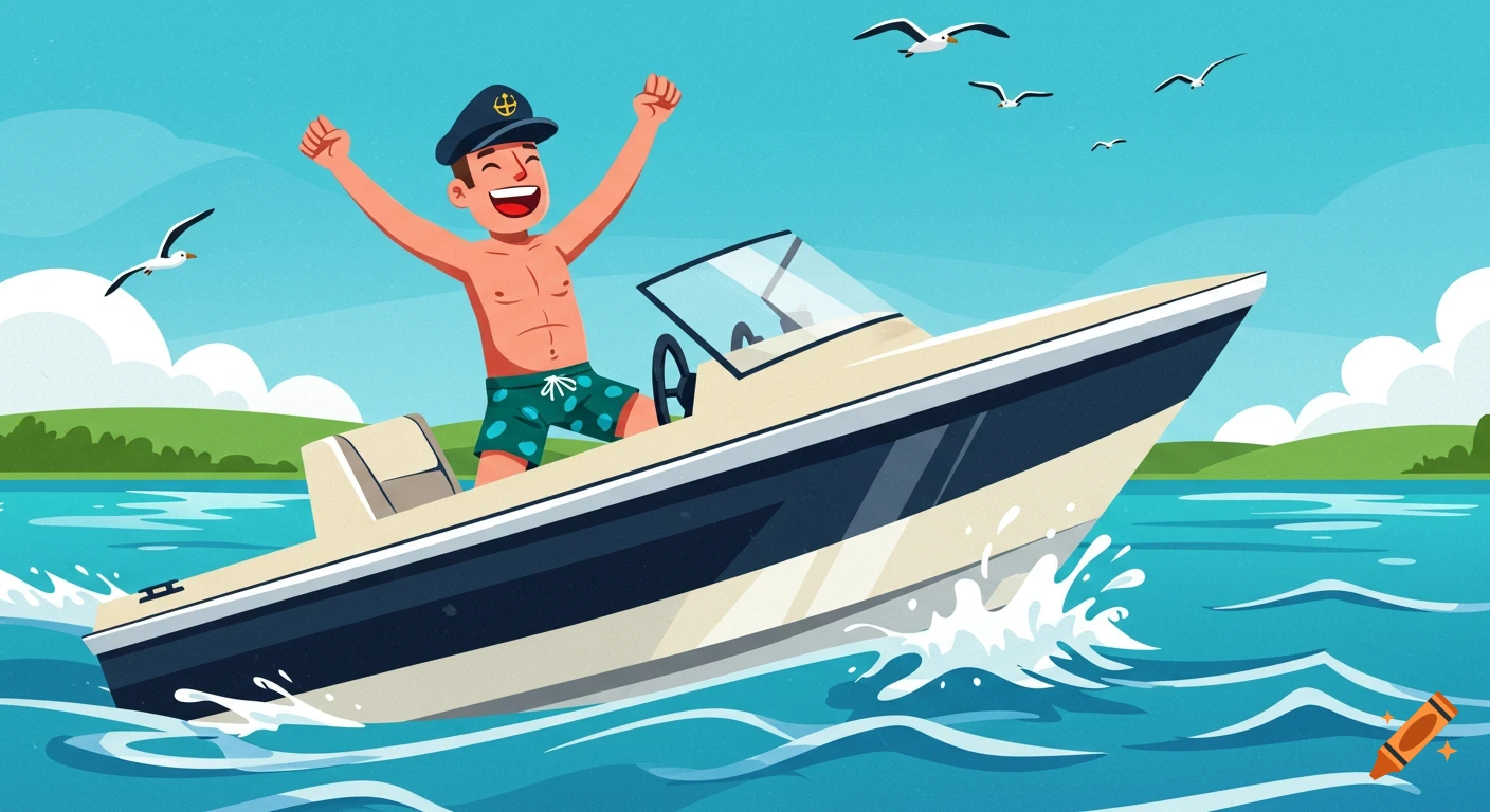 A cheerful cartoon man in a captain's hat celebrates on a speed boat, with seagulls flying above calm blue water.