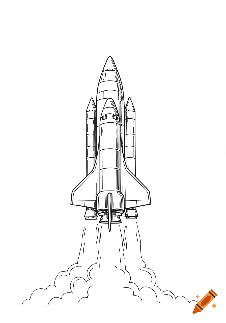 Line art drawing of a rocket ship launching, with smoke billowing from its engines.