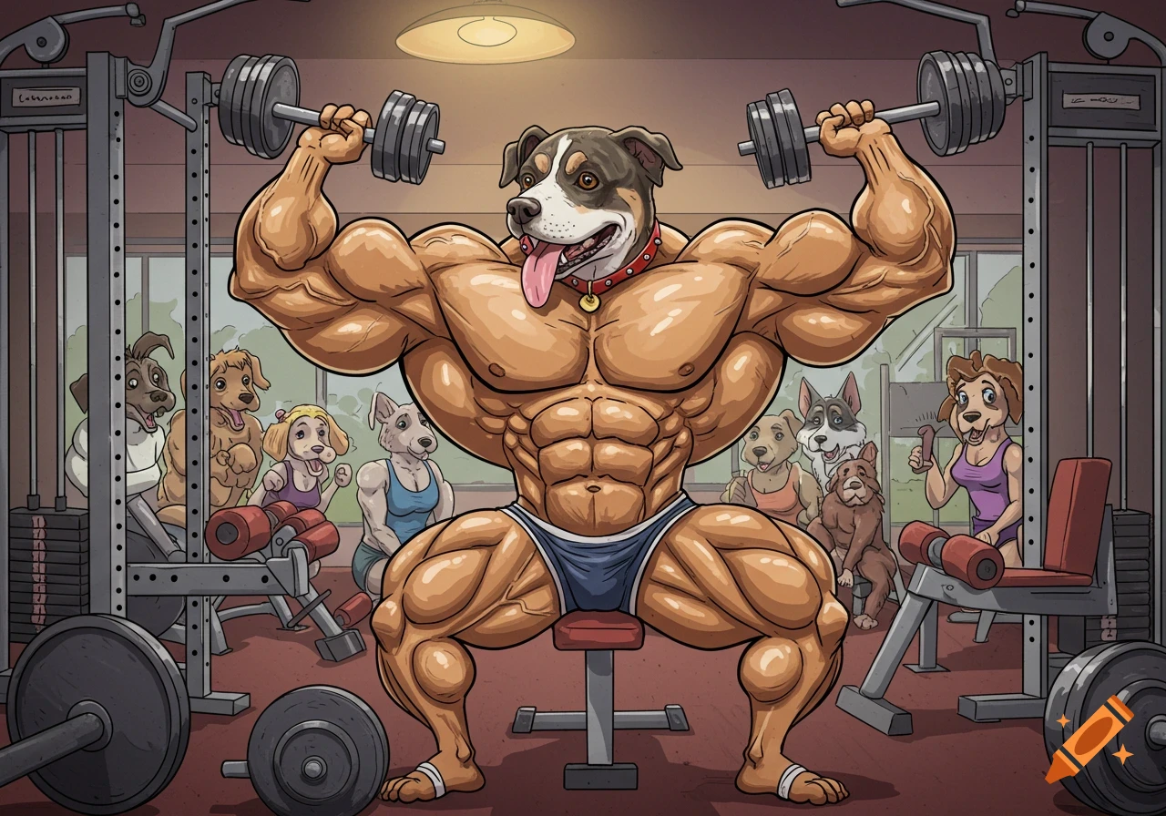 A muscular anthropomorphic dog bodybuilder lifts dumbbells in a gym, watched by admiring female dogs, in a funny comic style.