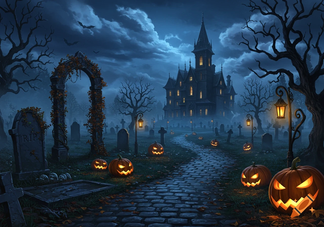 A spooky Halloween night with a haunted mansion, graveyard, and a path lined with glowing jack-o'-lanterns under a cloudy sky.