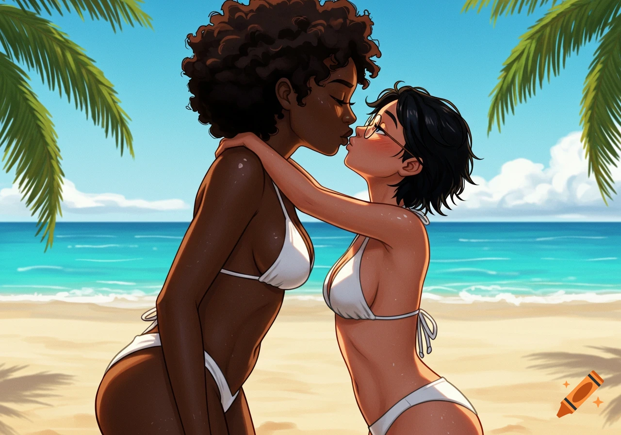 Digital illustration of two women in white bikinis kissing on a sandy beach with palm trees and blue ocean.