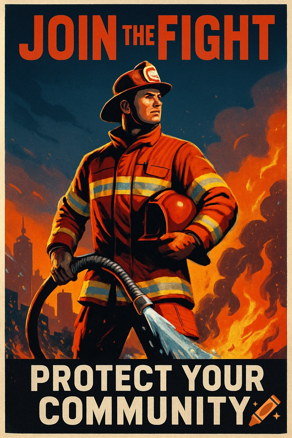 Vintage style poster of a firefighter holding a hose and helmet, with text 'JOIN THE FIGHT PROTECT YOUR COMMUNITY' against fire and a city skyline.
