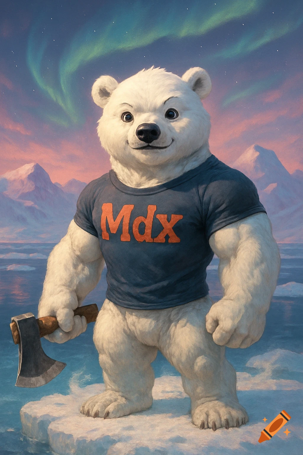 Muscular polar bear in an 'MdX' t-shirt, holding a hatchet on ice with aurora borealis and mountains, digital art.