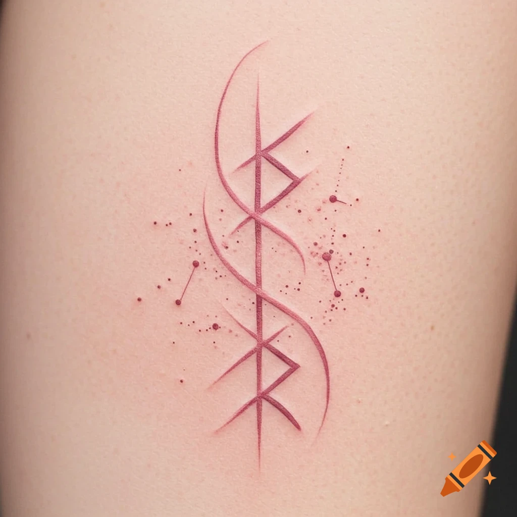 A delicate dusky rose spiral rune design tattooed on skin, with angular strokes and subtle specks.