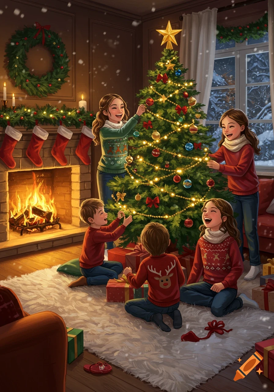 Children cheerfully decorate a Christmas tree in a cozy room with a fireplace, as snow falls outside.