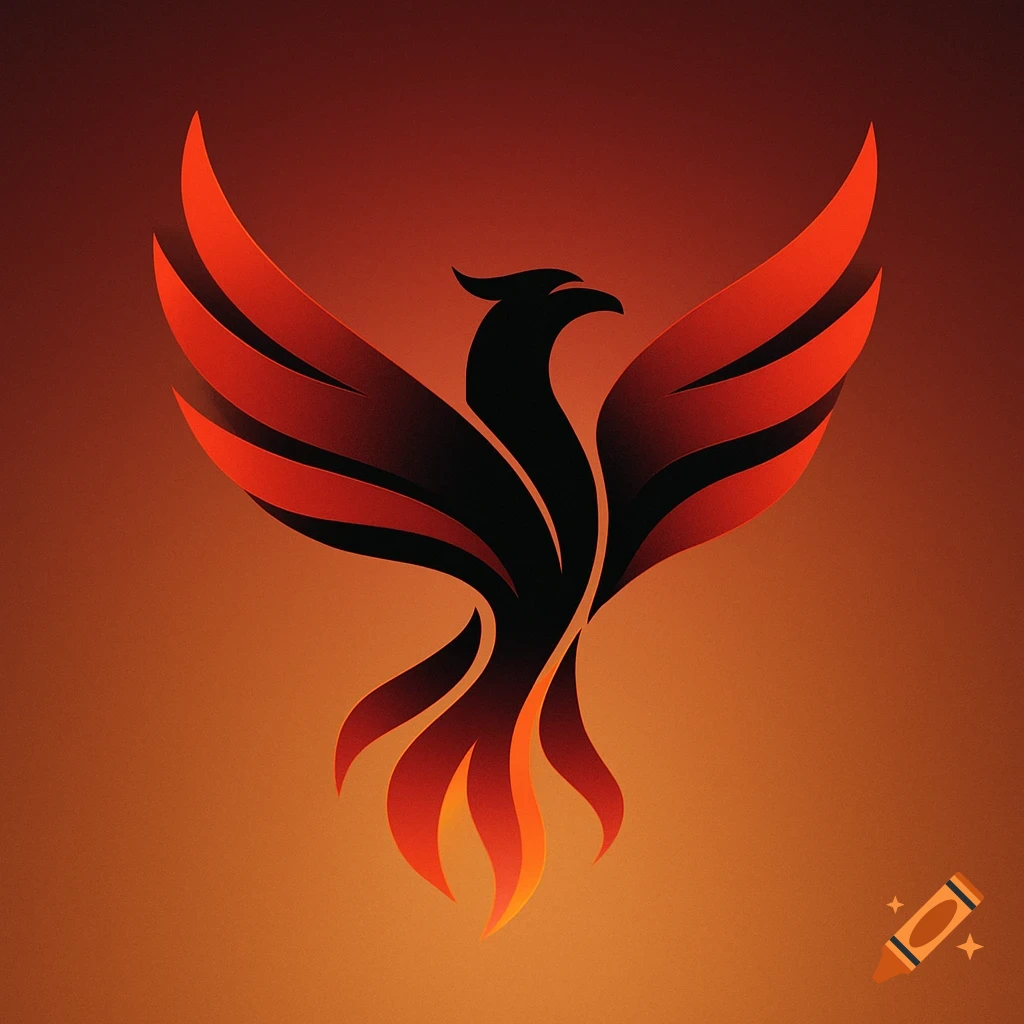 Stylized black and red phoenix logo against a gradient orange and red background.