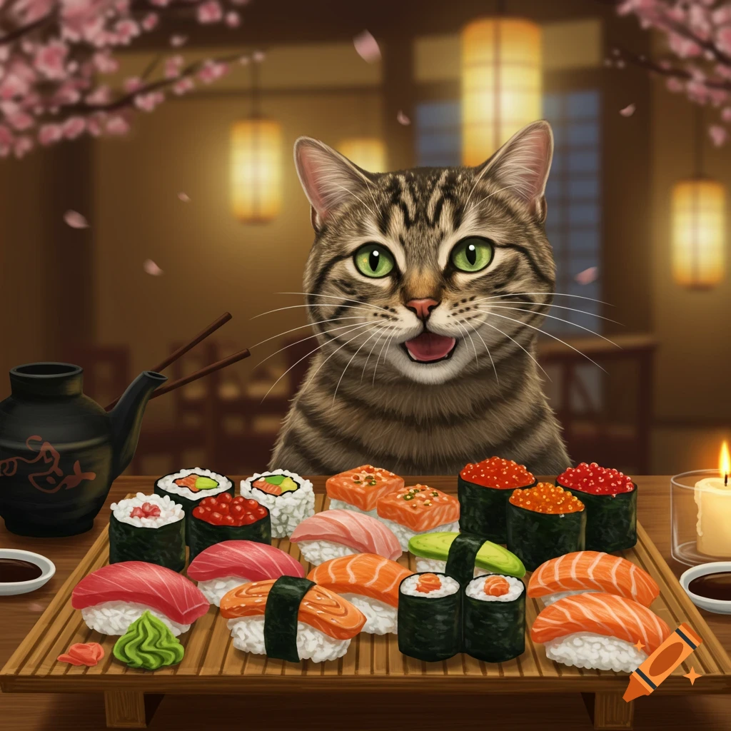 A happy tabby cat sits behind a large wooden tray laden with various sushi rolls and sashimi, in a warmly lit Japanese restaurant.