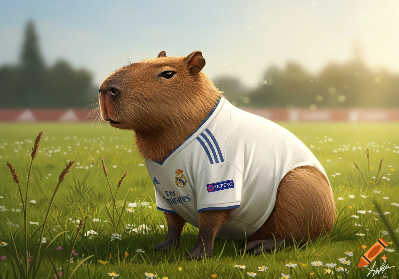 A capybara wearing a white football jersey with blue stripes sits in a field of green grass and small white flowers.