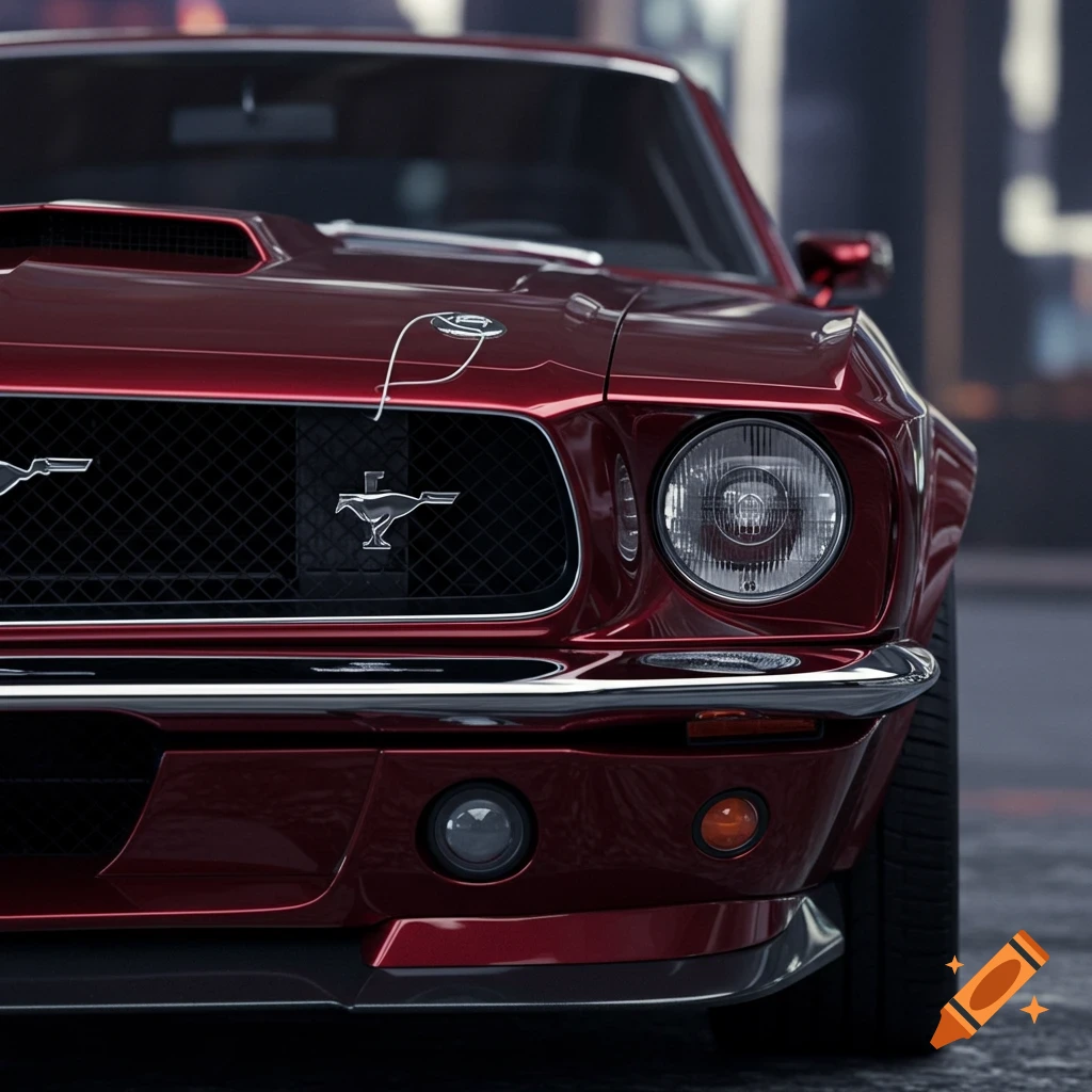 Close-up, photorealistic front view of a shiny, dark red classic Ford Mustang with prominent grille and headlight.