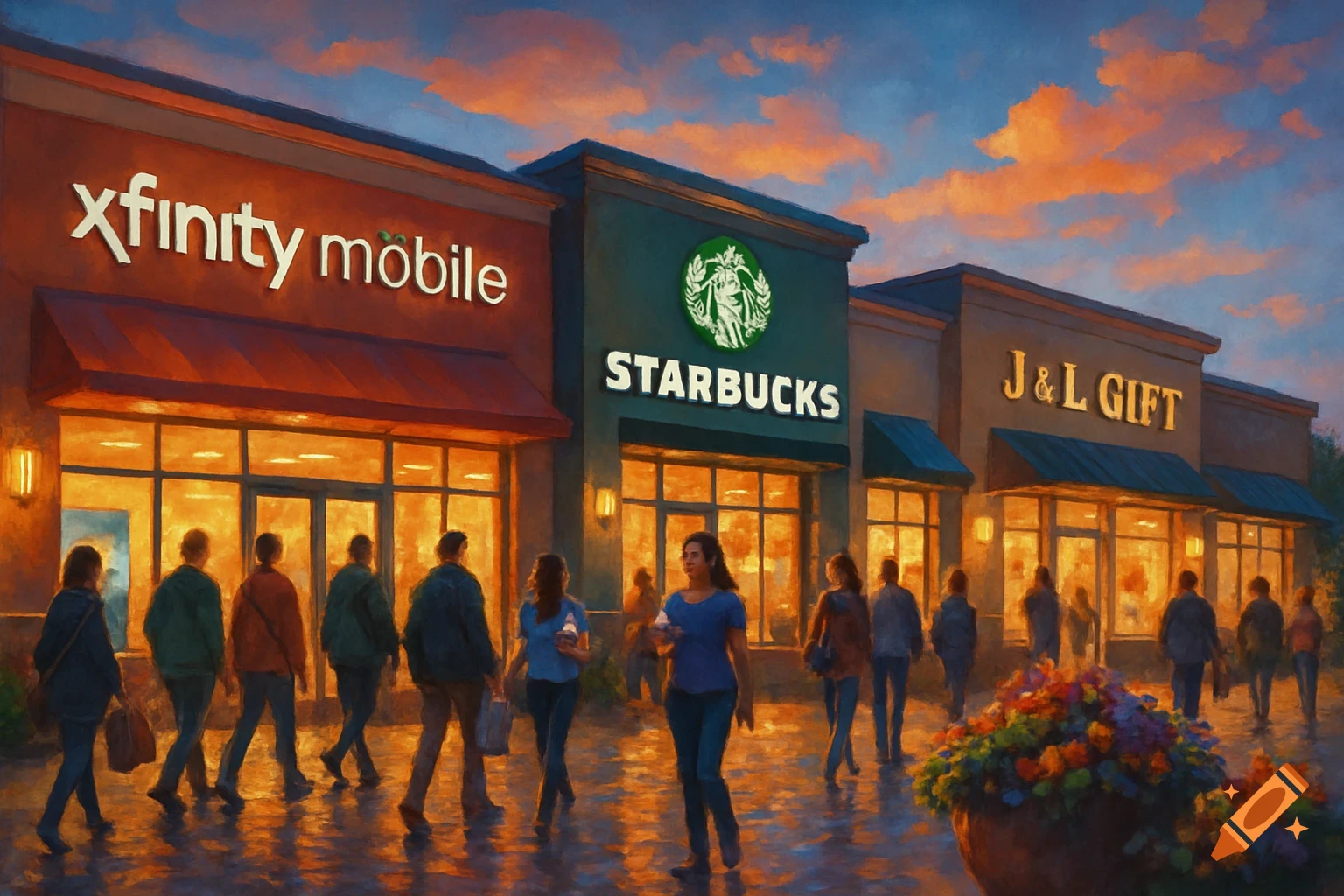 An impressionistic painting of a strip mall at dusk, with people walking in front of illuminated Xfinity Mobile, Starbucks, and J&L Gift stores. Golden light reflects on the wet ground under an orange sky.