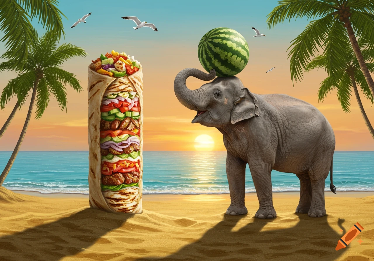 Giant shawarma and elephant balancing a watermelon on a tropical beach at sunset.