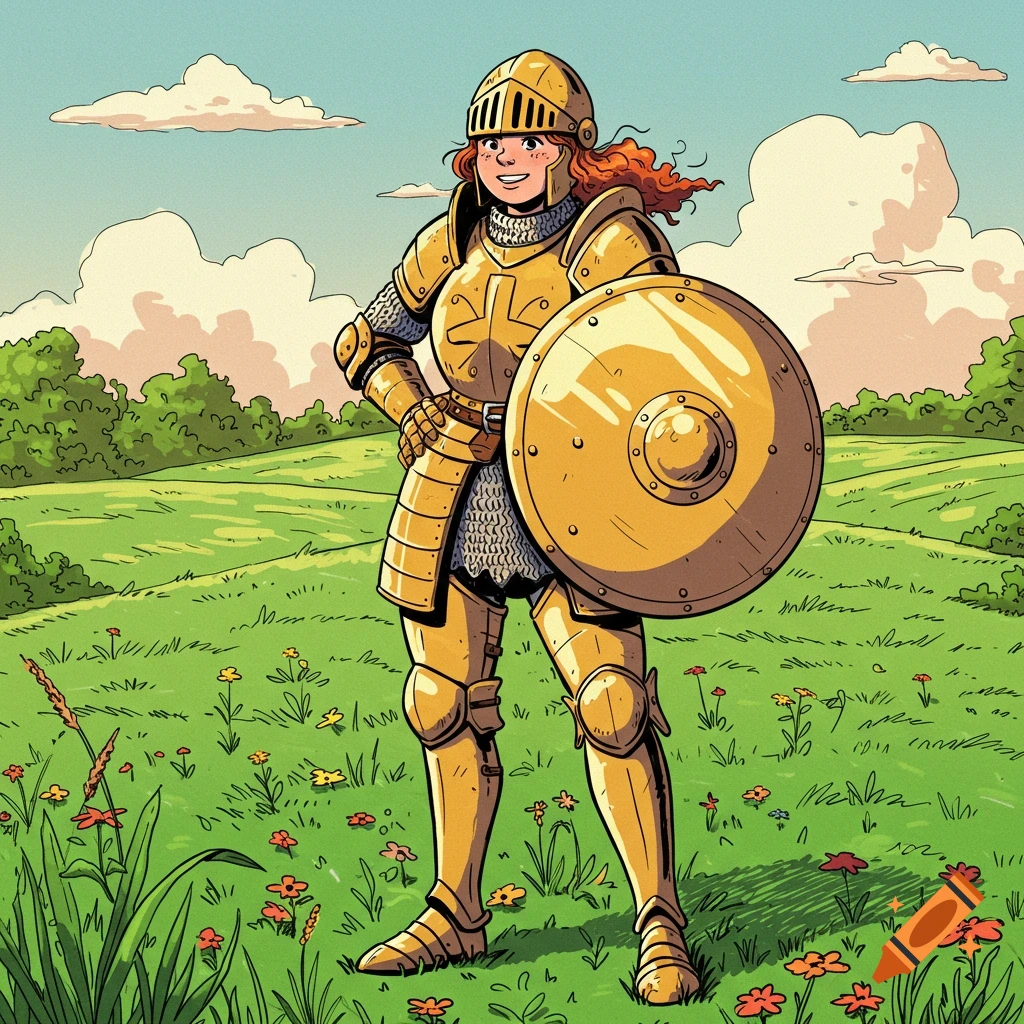 A friendly, red-haired knight woman in golden armor and a round shield stands smiling in a grassy field in comic style.