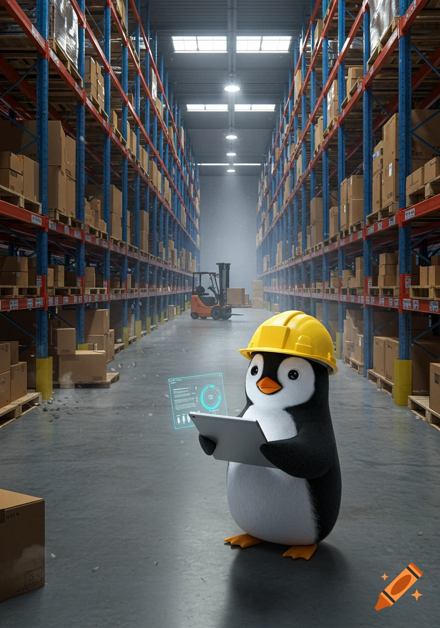 A cartoon penguin wearing a yellow hard hat holds a glowing tablet, standing in a large warehouse with shelves full of boxes. Photorealistic style.
